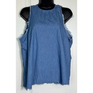 Denim Raw Hem Sleeveless Top Chambray Blue Casual Summer Shirt Womens L